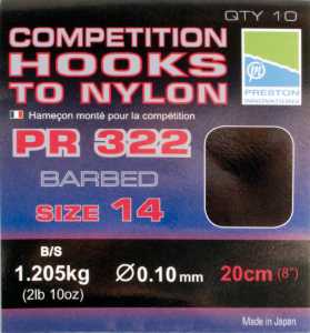 Готовый поводок Preston PR 322 Hooks To Nylon  (размер 14 P/PCHN322/14)